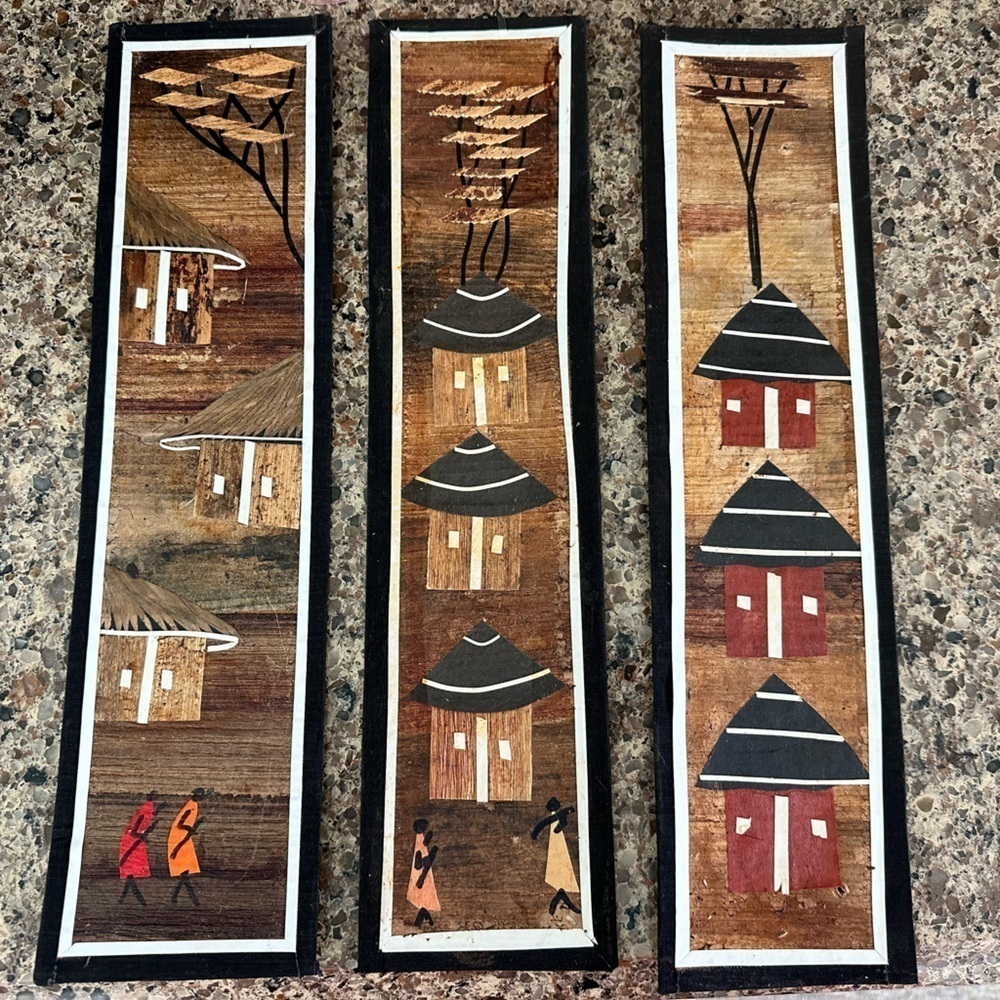Set of 3 Handmade Ethiopian Wall Hangings Depicting Life in the Villages